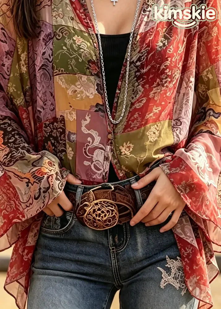DIY Red Oversized Print Chiffon Shirts Flare Sleeve