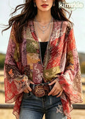 DIY Red Oversized Print Chiffon Shirts Flare Sleeve