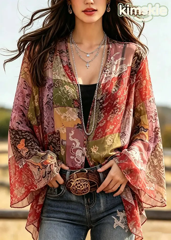 DIY Red Oversized Print Chiffon Shirts Flare Sleeve