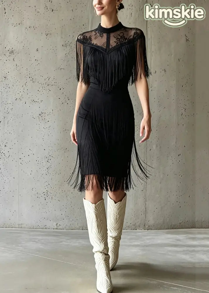 Elegant Black O-Neck Tulle Long Dress Tassel Patchwork Short Sleeve
