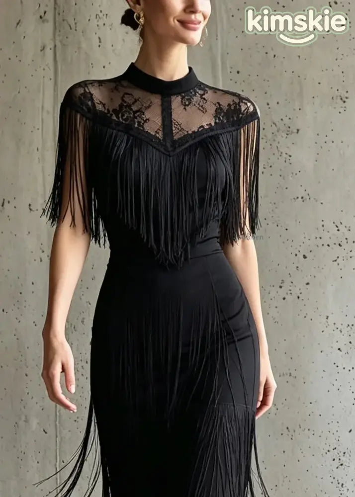 Elegant Black O-Neck Tulle Long Dress Tassel Patchwork Short Sleeve
