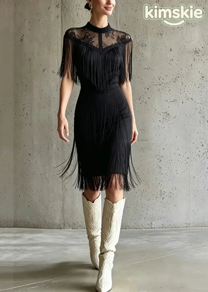 Elegant Black O-Neck Tulle Long Dress Tassel Patchwork Short Sleeve