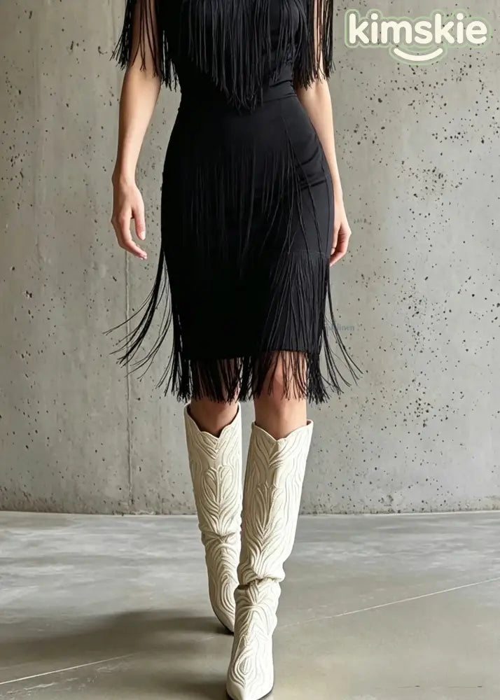 Elegant Black O-Neck Tulle Long Dress Tassel Patchwork Short Sleeve