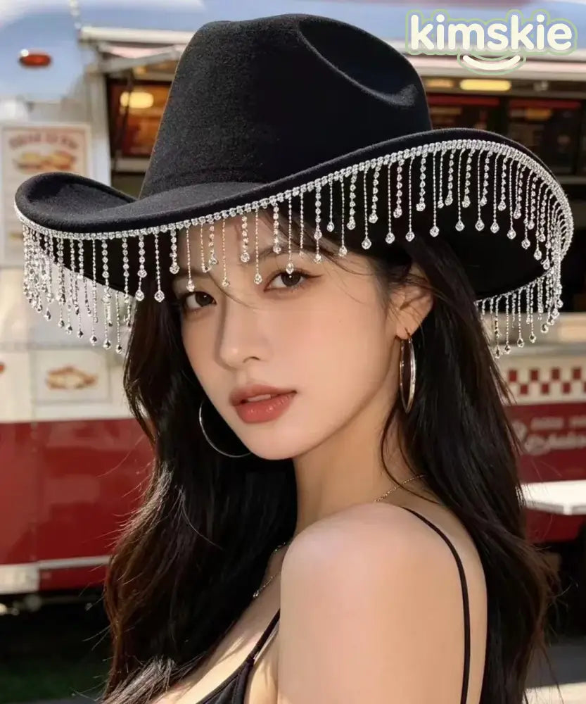 Elegant Black Pearl Tassel Western Cowboy Hat