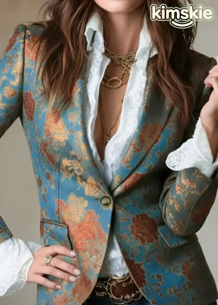 Elegant Peter Pan Collar Print Cotton Suit Coats Fall