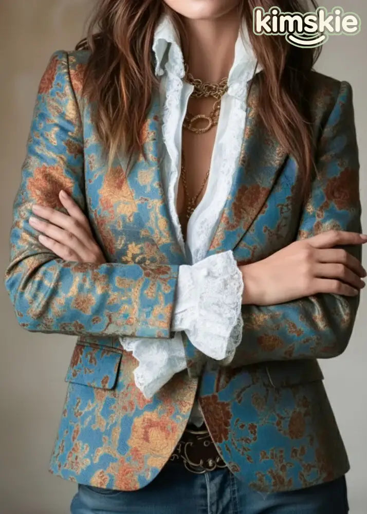 Elegant Peter Pan Collar Print Cotton Suit Coats Fall
