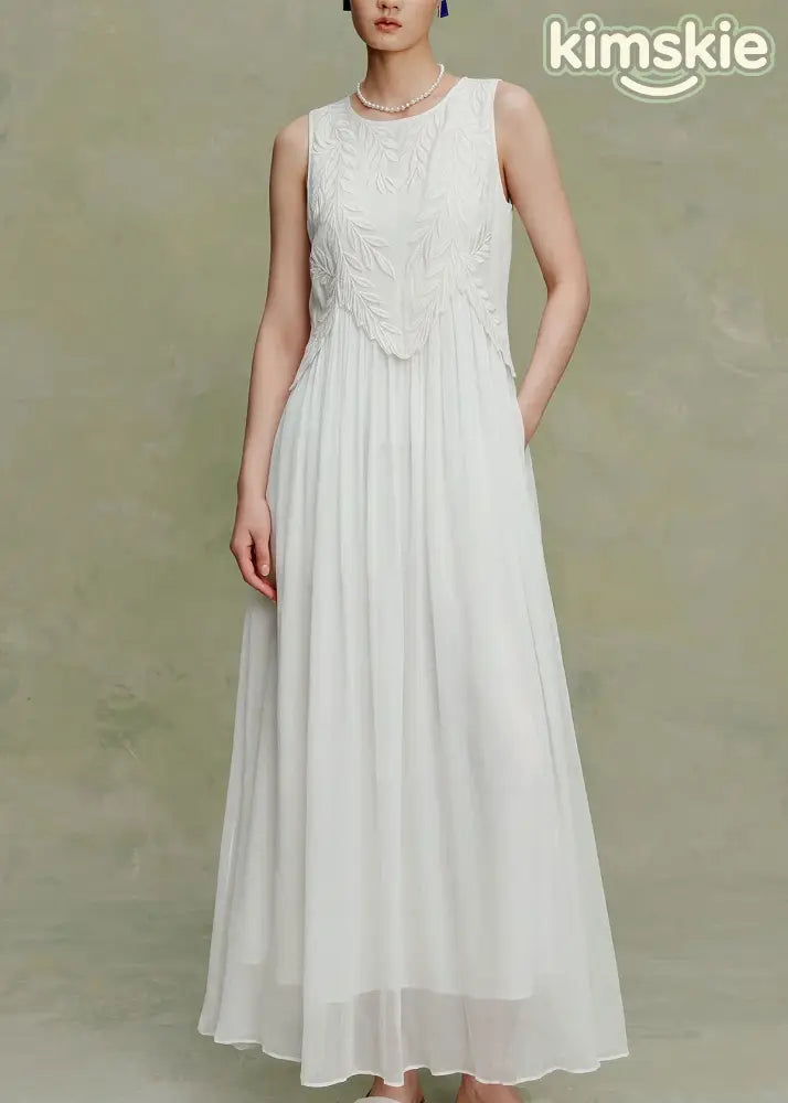 Elegant White O Neck Embroidered Silk Maxi Dress Sleeveless