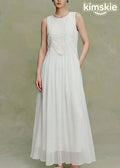 Elegant White O Neck Embroidered Silk Maxi Dress Sleeveless