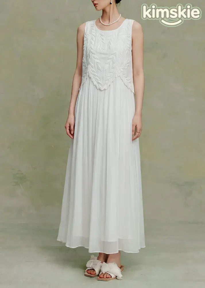 Elegant White O Neck Embroidered Silk Maxi Dress Sleeveless