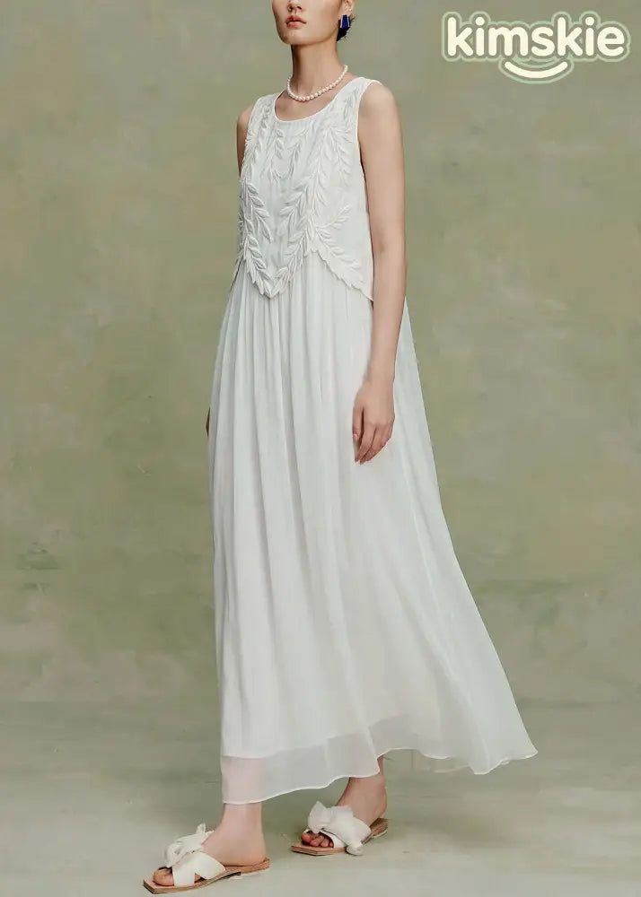 Elegant White O Neck Embroidered Silk Maxi Dress Sleeveless