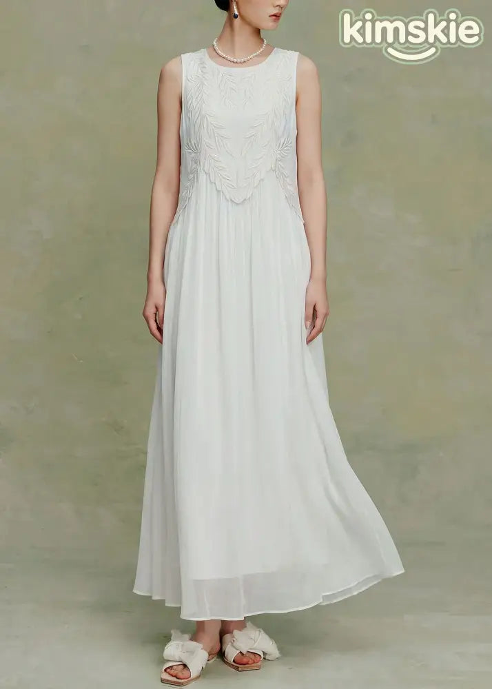 Elegant White O Neck Embroidered Silk Maxi Dress Sleeveless