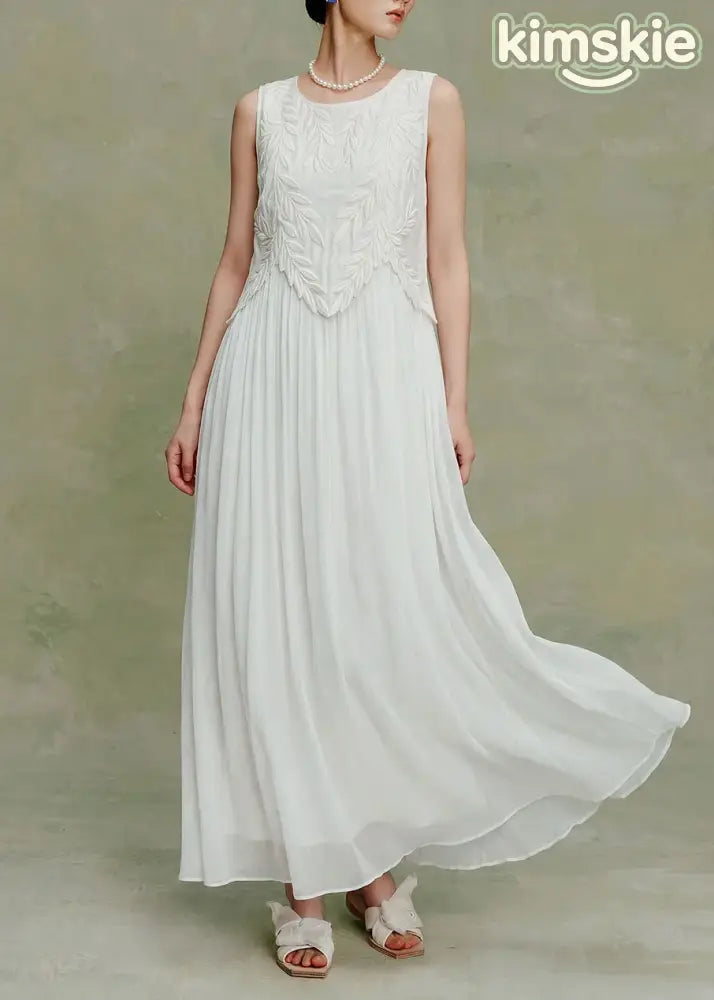 Elegant White O Neck Embroidered Silk Maxi Dress Sleeveless