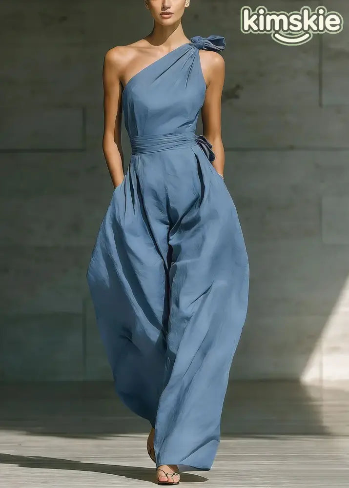 Fashion Beige One Shoulder Pockets Cotton Jumpsuit Sleeveless