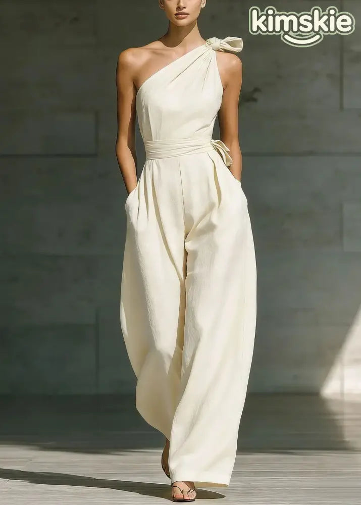 Fashion Beige One Shoulder Pockets Cotton Jumpsuit Sleeveless