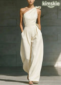 Fashion Beige One Shoulder Pockets Cotton Jumpsuit Sleeveless