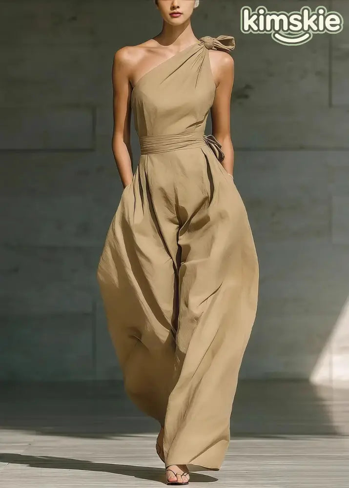 Fashion Beige One Shoulder Pockets Cotton Jumpsuit Sleeveless