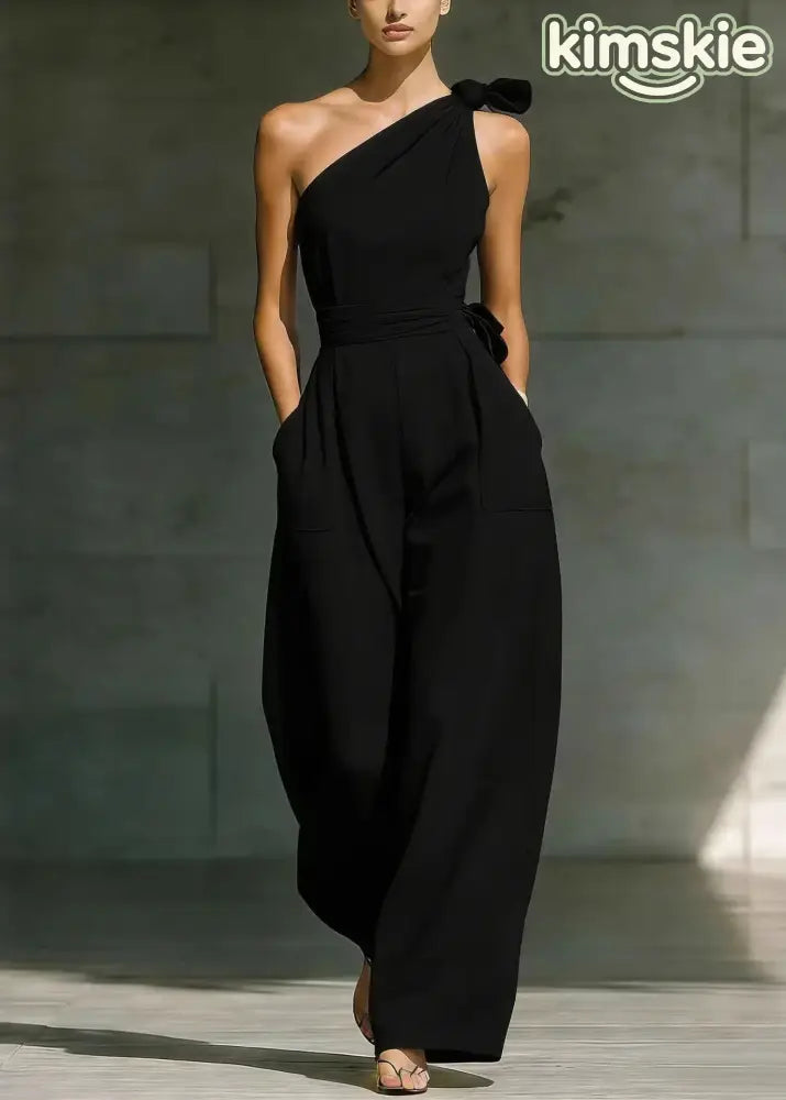 Fashion Beige One Shoulder Pockets Cotton Jumpsuit Sleeveless