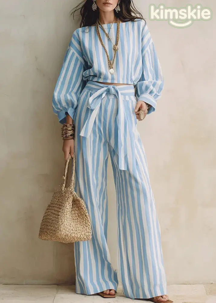 Fashion Blue Striped Tops And Pants Cotton Two-Piece Set Fall
