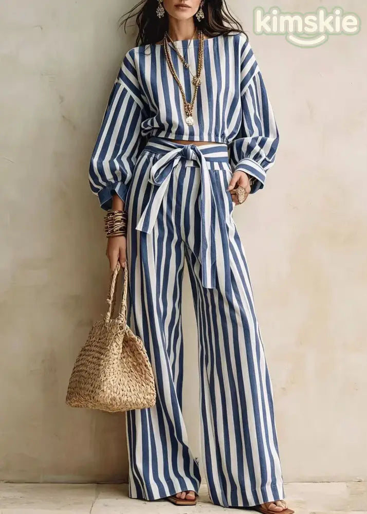 Fashion Blue Striped Tops And Pants Cotton Two-Piece Set Fall