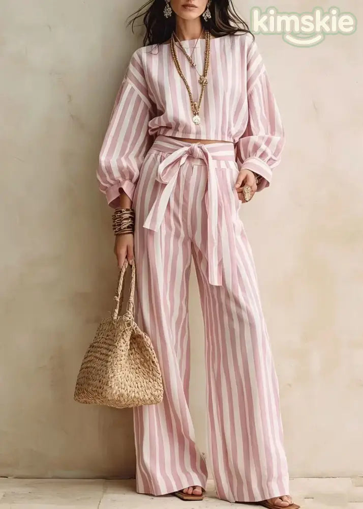 Fashion Blue Striped Tops And Pants Cotton Two-Piece Set Fall