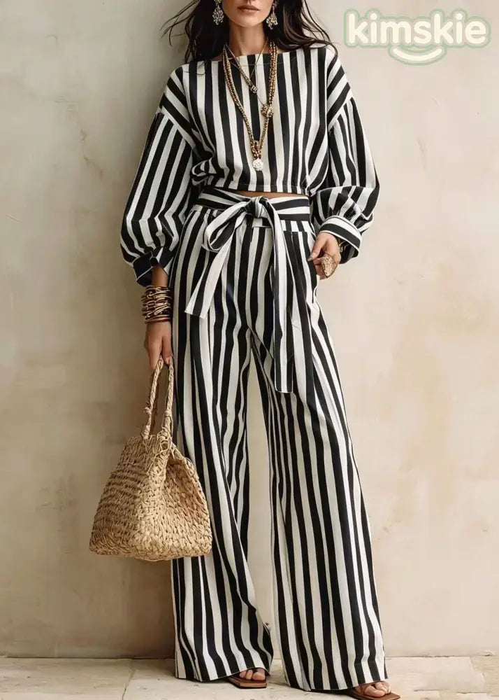 Fashion Blue Striped Tops And Pants Cotton Two-Piece Set Fall