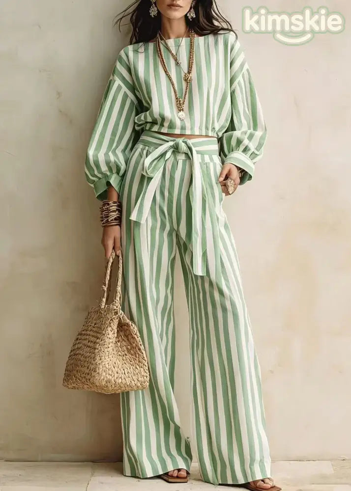 Fashion Blue Striped Tops And Pants Cotton Two-Piece Set Fall