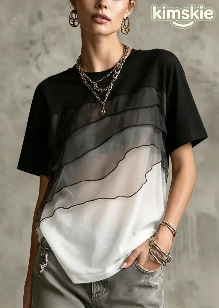 Fashion ColorblockC Oversized Patchwork Tulle Shirt Top Summer