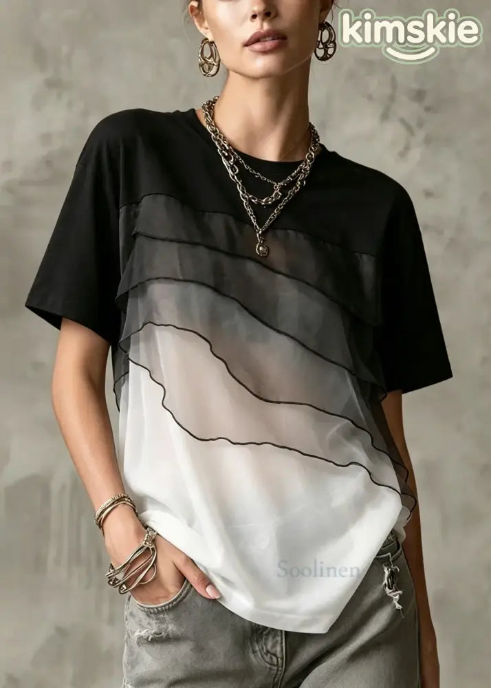 Fashion ColorblockC Oversized Patchwork Tulle Shirt Top Summer