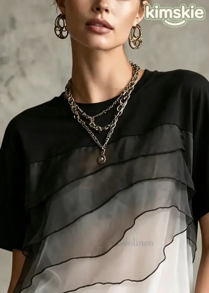 Fashion ColorblockC Oversized Patchwork Tulle Shirt Top Summer