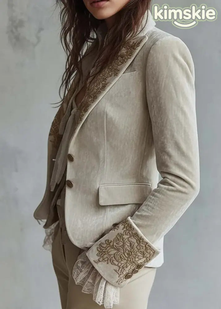 Fashion Peter Pan Collar Pockets Print Velvet Suit Coat Fall