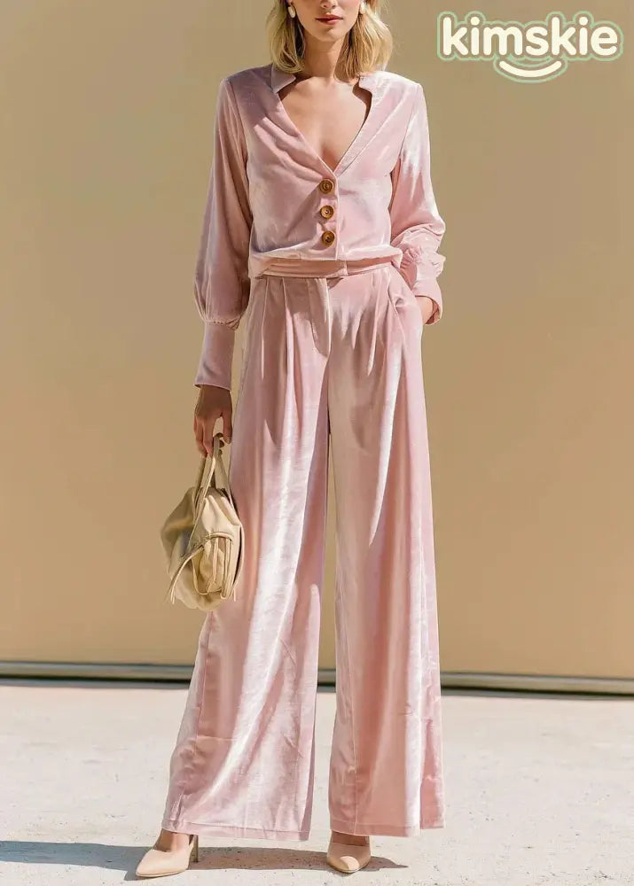 Fashion Pink V Neck Velvet Top And Pants Two Piece Suit Set Fall