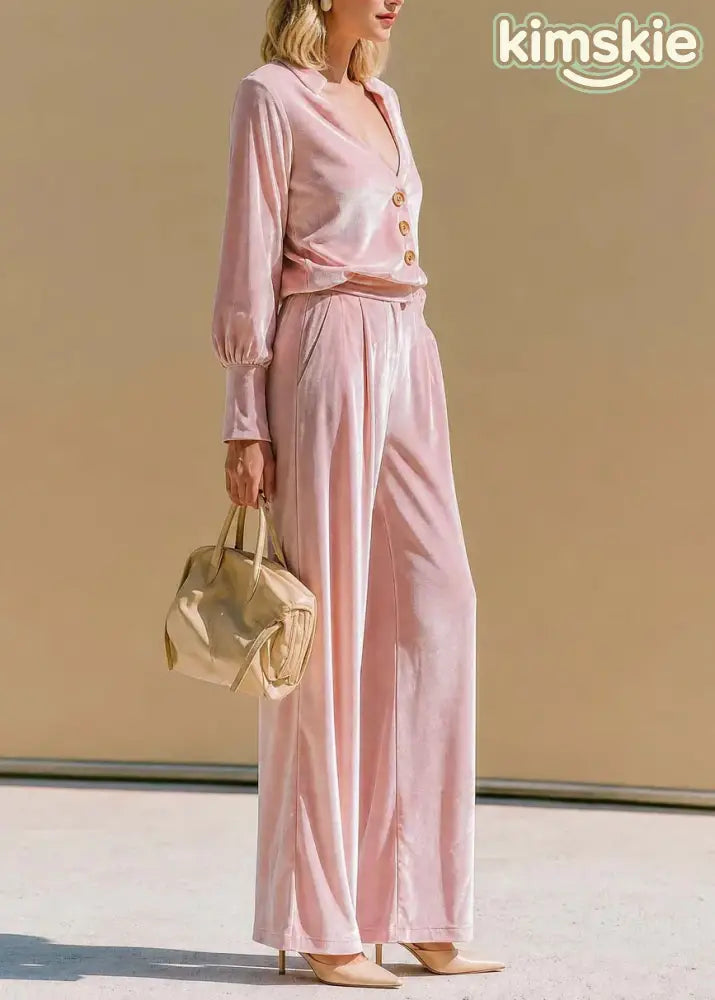 Fashion Pink V Neck Velvet Top And Pants Two Piece Suit Set Fall