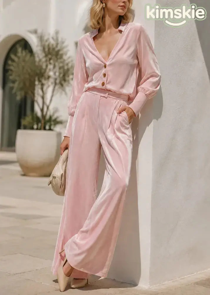 Fashion Pink V Neck Velvet Top And Pants Two Piece Suit Set Fall