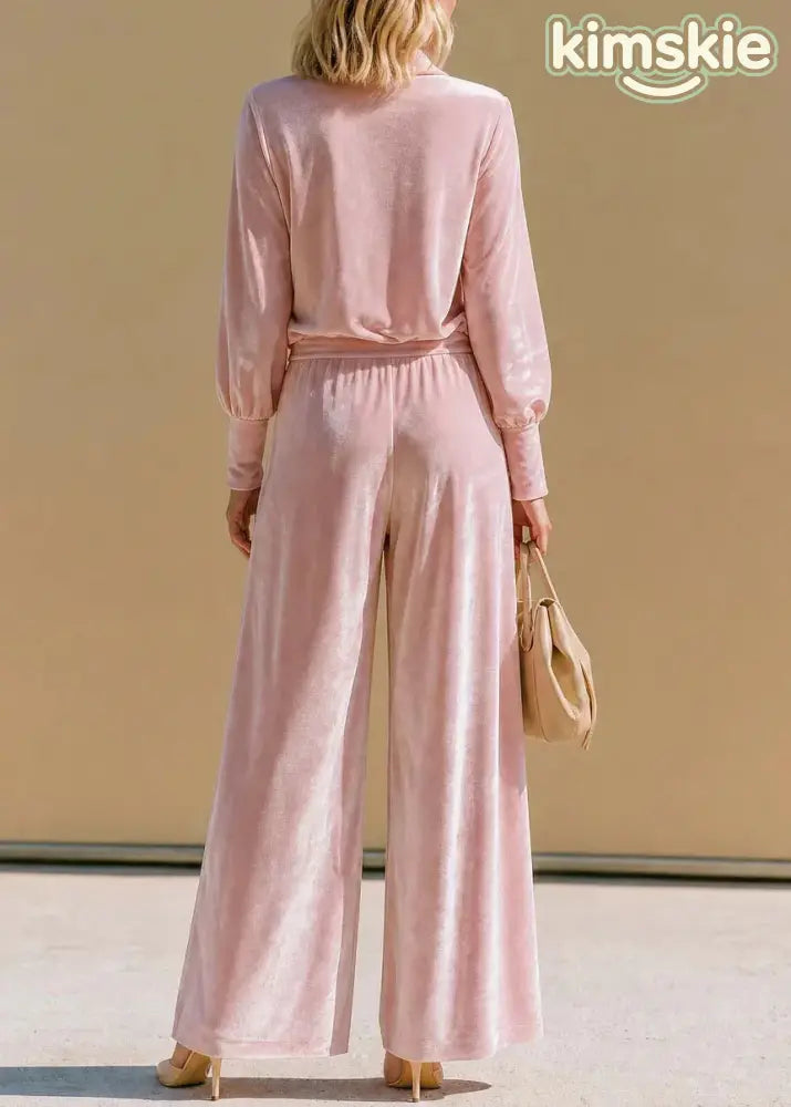 Fashion Pink V Neck Velvet Top And Pants Two Piece Suit Set Fall