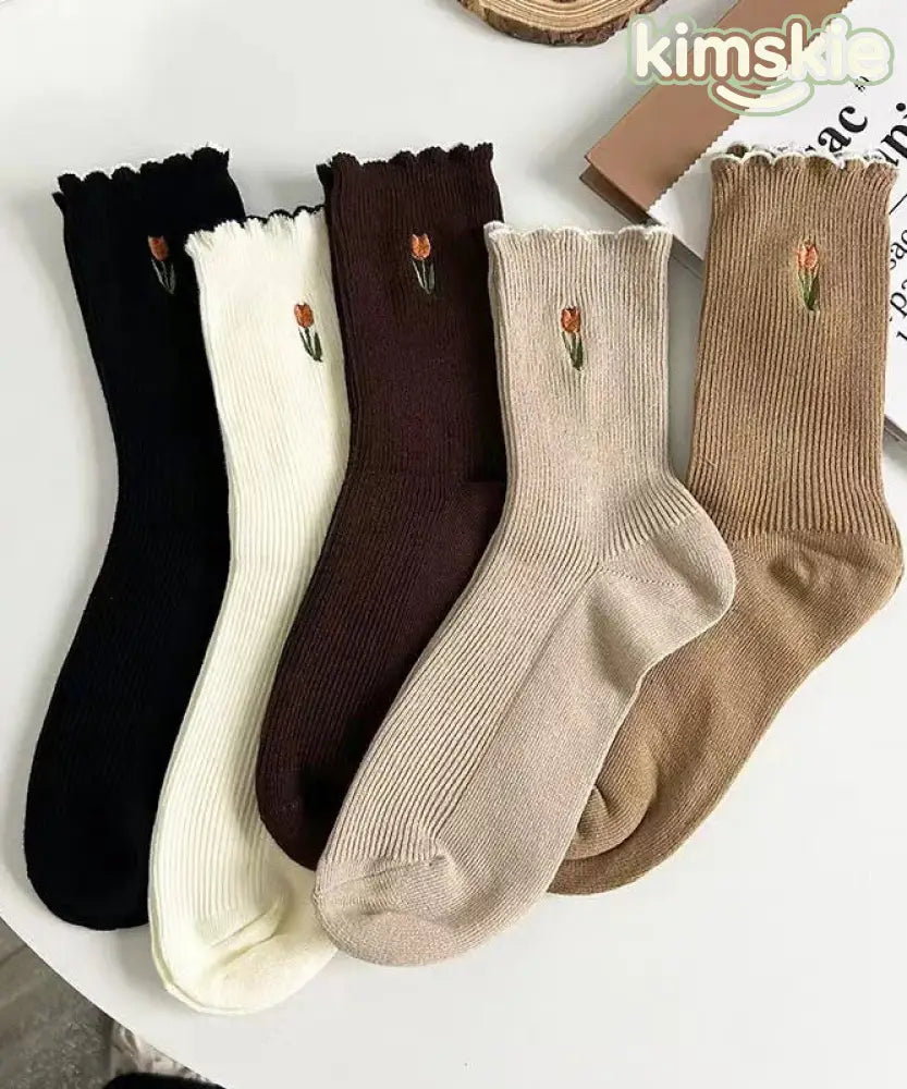 Fashion Ruffled Jacquard Cotton Mid Calf Socks - 5 Pairs