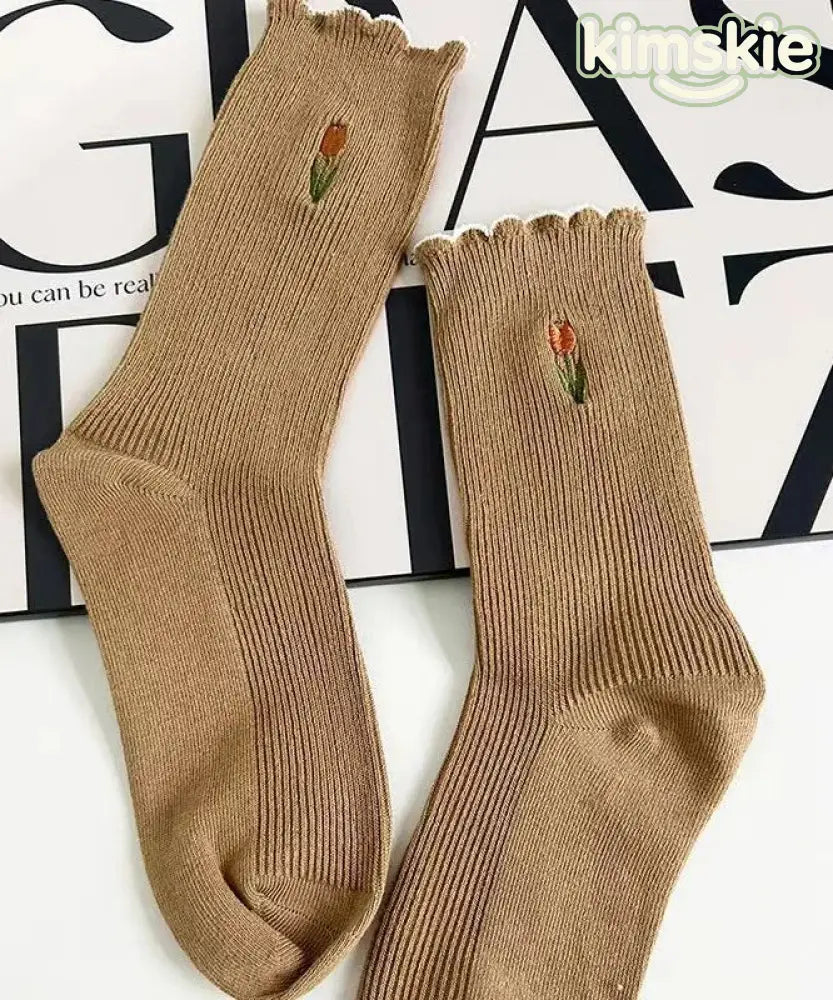 Fashion Ruffled Jacquard Cotton Mid Calf Socks - 5 Pairs