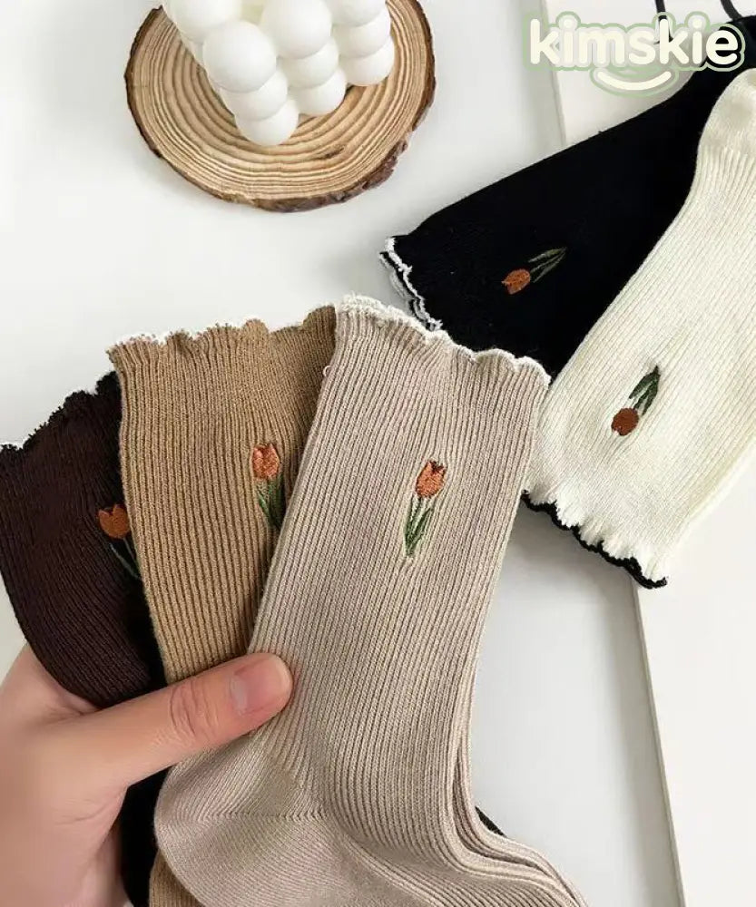 Fashion Ruffled Jacquard Cotton Mid Calf Socks - 5 Pairs