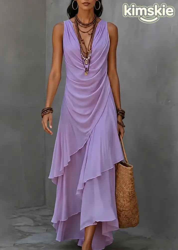 French Apricot V Neck Asymmetrical Ruffled Patchwork Chiffon Dress Sleeveless