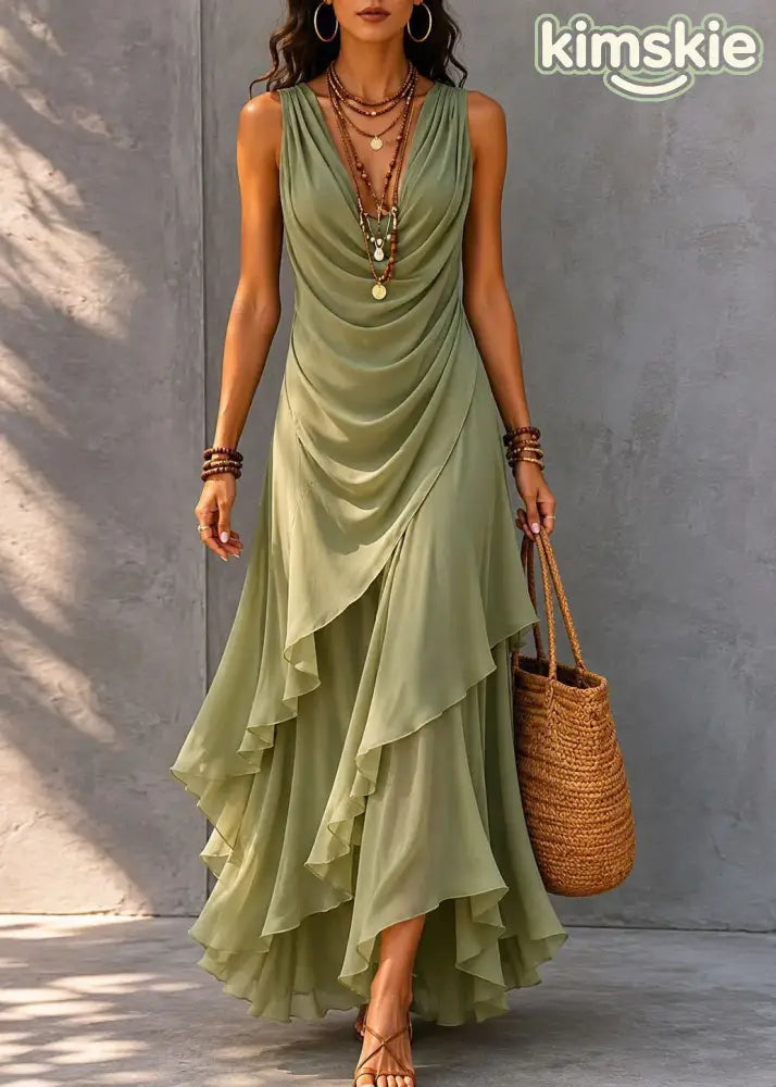 French Apricot V Neck Asymmetrical Ruffled Patchwork Chiffon Dress Sleeveless