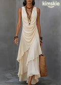 French Apricot V Neck Asymmetrical Ruffled Patchwork Chiffon Dress Sleeveless