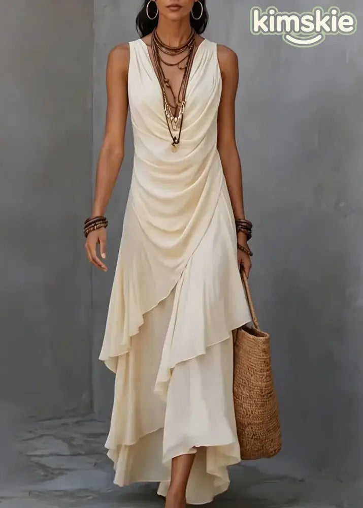French Apricot V Neck Asymmetrical Ruffled Patchwork Chiffon Dress Sleeveless