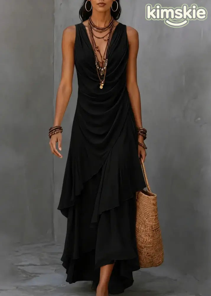 French Apricot V Neck Asymmetrical Ruffled Patchwork Chiffon Dress Sleeveless