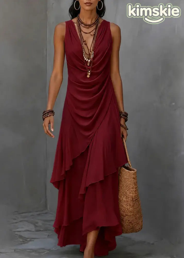 French Apricot V Neck Asymmetrical Ruffled Patchwork Chiffon Dress Sleeveless
