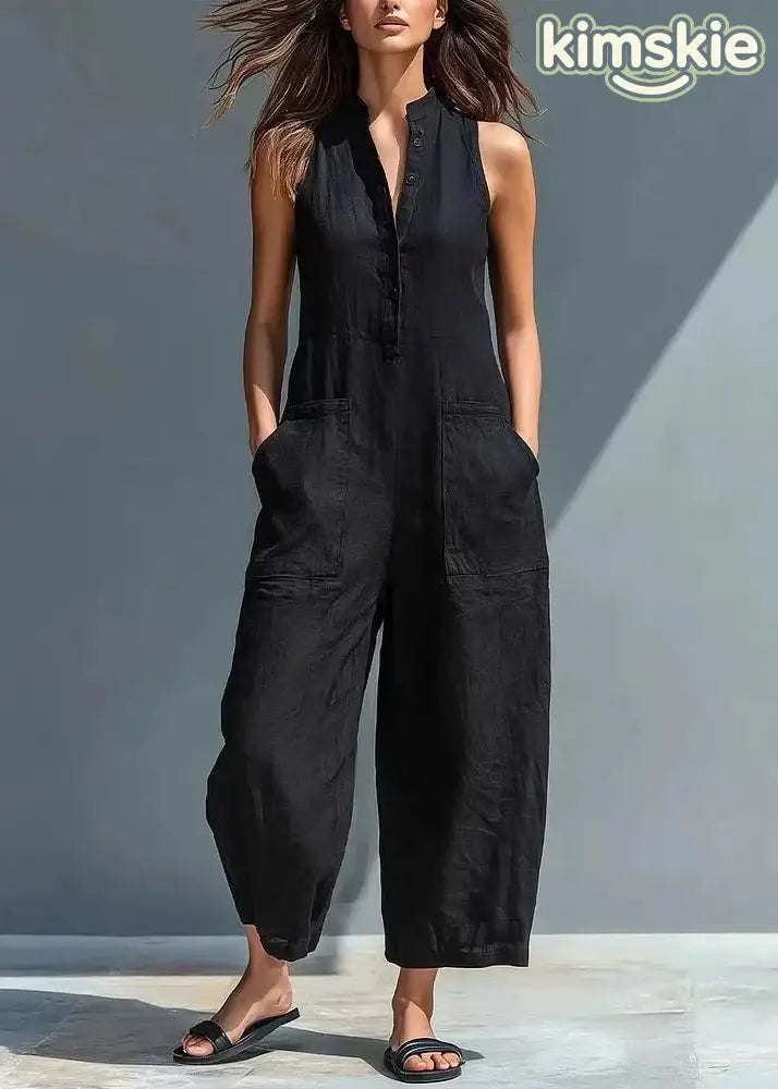 French Black Patchwork High Waist Solid Jumpsuits Sleeveless