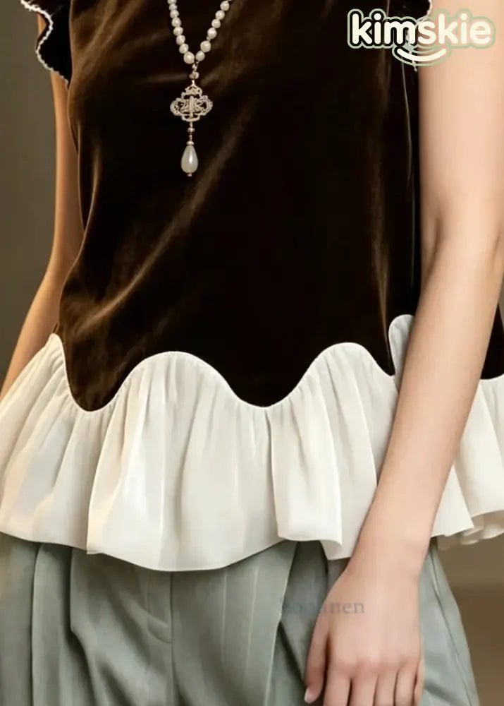 French Chocolate Ruffled Patchwork Silk Velour Tops Summer