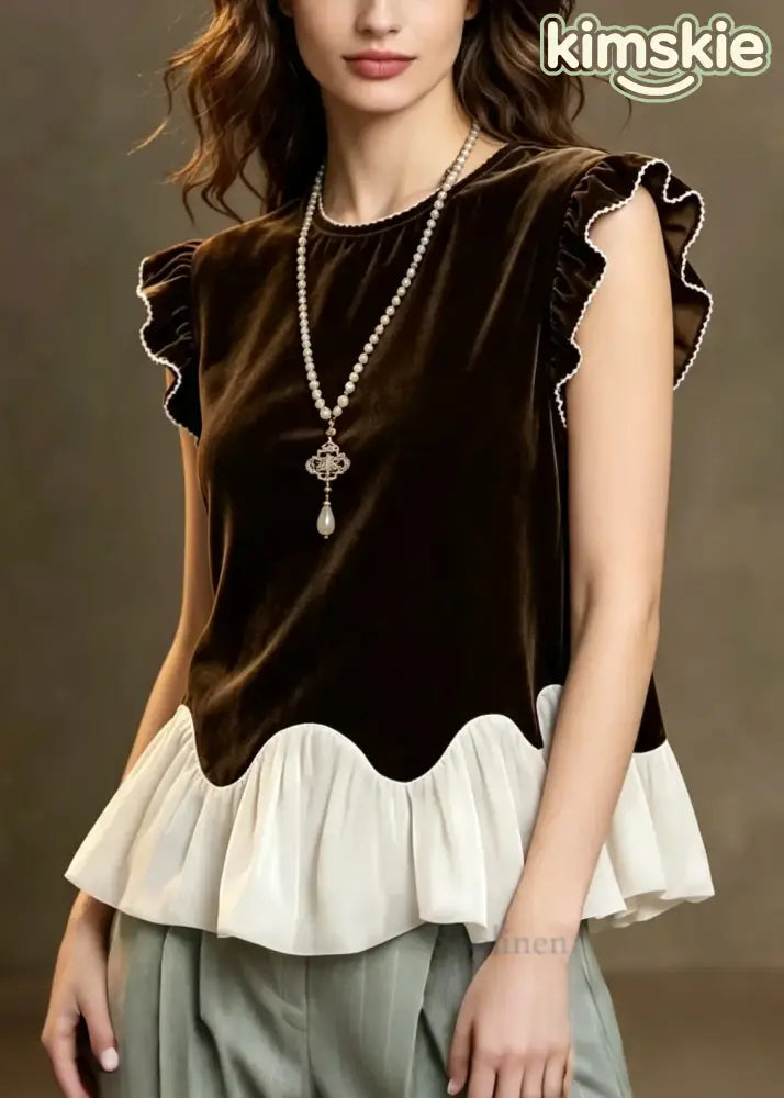 French Chocolate Ruffled Patchwork Silk Velour Tops Summer