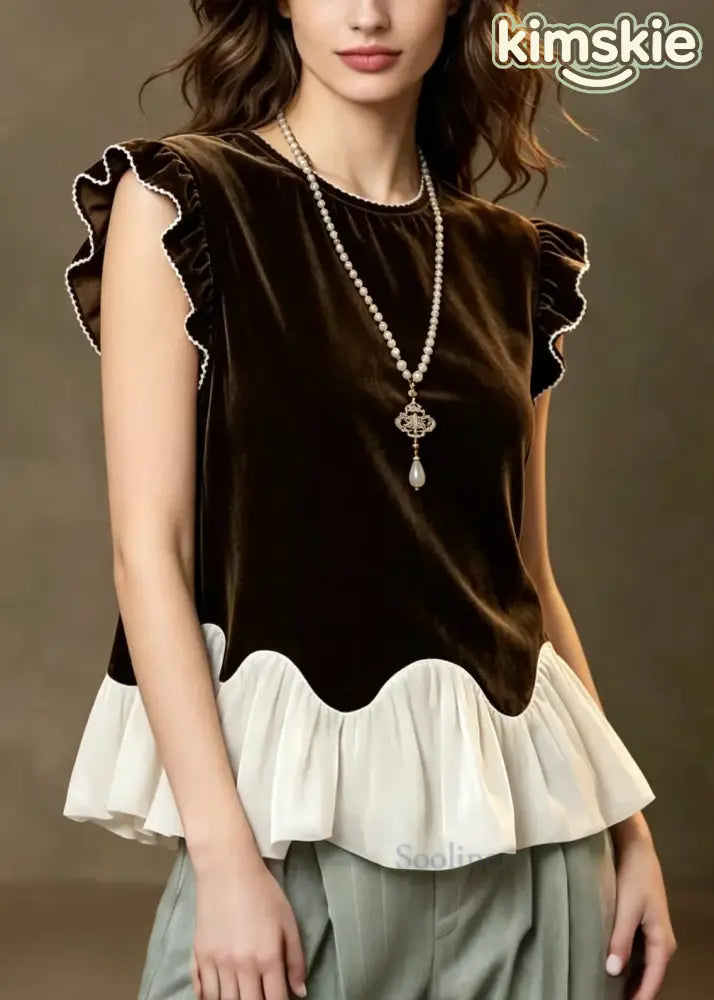 French Chocolate Ruffled Patchwork Silk Velour Tops Summer
