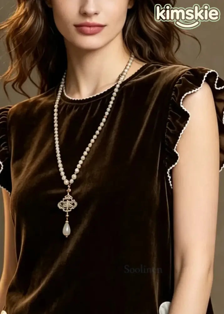 French Chocolate Ruffled Patchwork Silk Velour Tops Summer