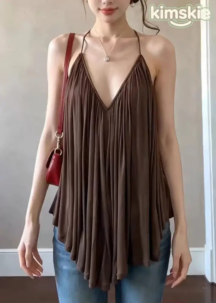 French Coffee V Neck Wrinkled Chiffon Spaghetti Strap Top Sleeveless - S(Fit for EU 38-40, US 6-8, UK/AU 10-12, IT