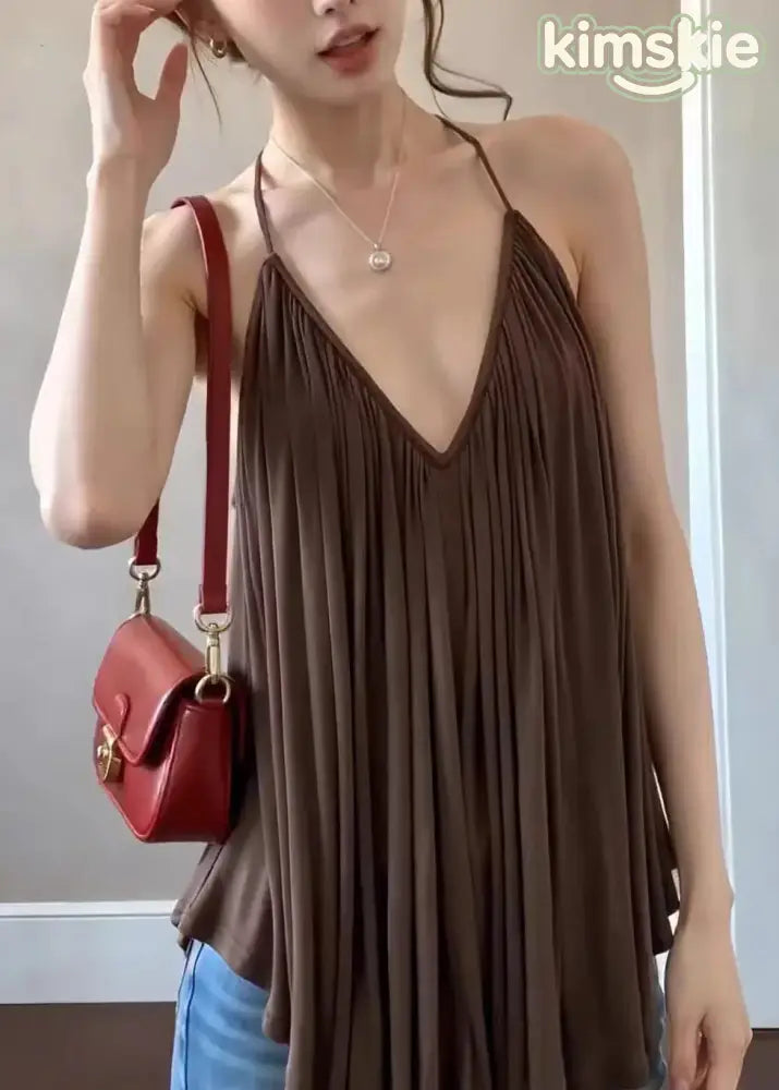 French Coffee V Neck Wrinkled Chiffon Spaghetti Strap Top Sleeveless - S(Fit for EU 38-40, US 6-8, UK/AU 10-12, IT
